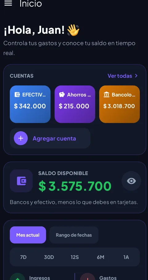 Pantalla de inicio de Mis Finanzas con las cuentas, el saldo disponible y el resumen del mes